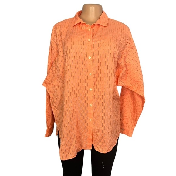 3/$30 🍂 LOFT Orange Shirt Swiss Dot Print Button Front Long Sleeves - Picture 3 of 9
